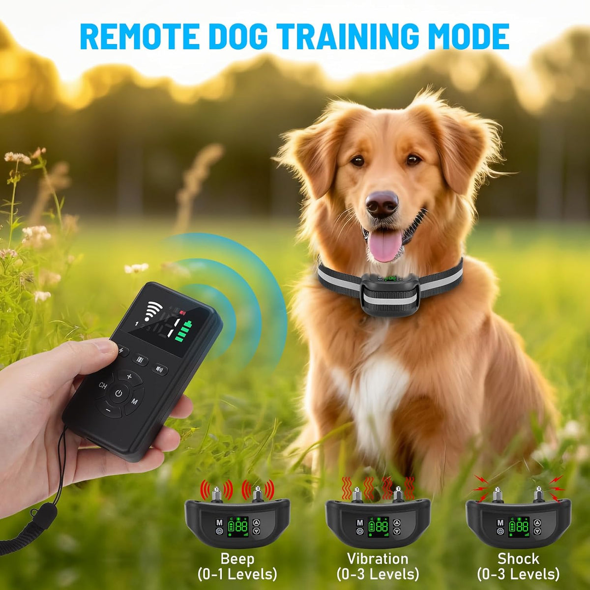 Waterproof GPS dog training collar showing beep vibration and shock correction nodes
