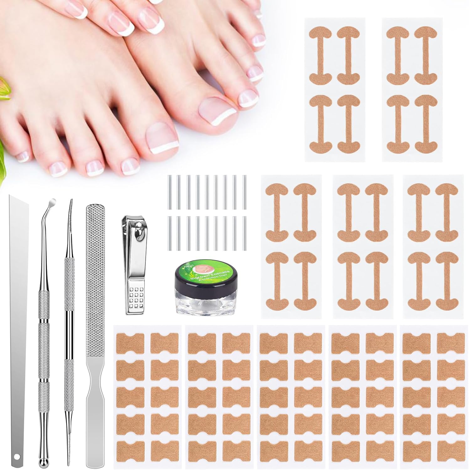 Maliyscent ingrown toenail removal kit front view showing stainless steel tools and adhesive patches for at home foot care.