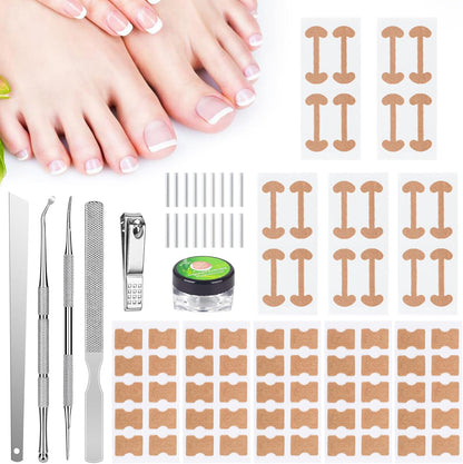 Maliyscent ingrown toenail removal kit front view showing stainless steel tools and adhesive patches for at home foot care.