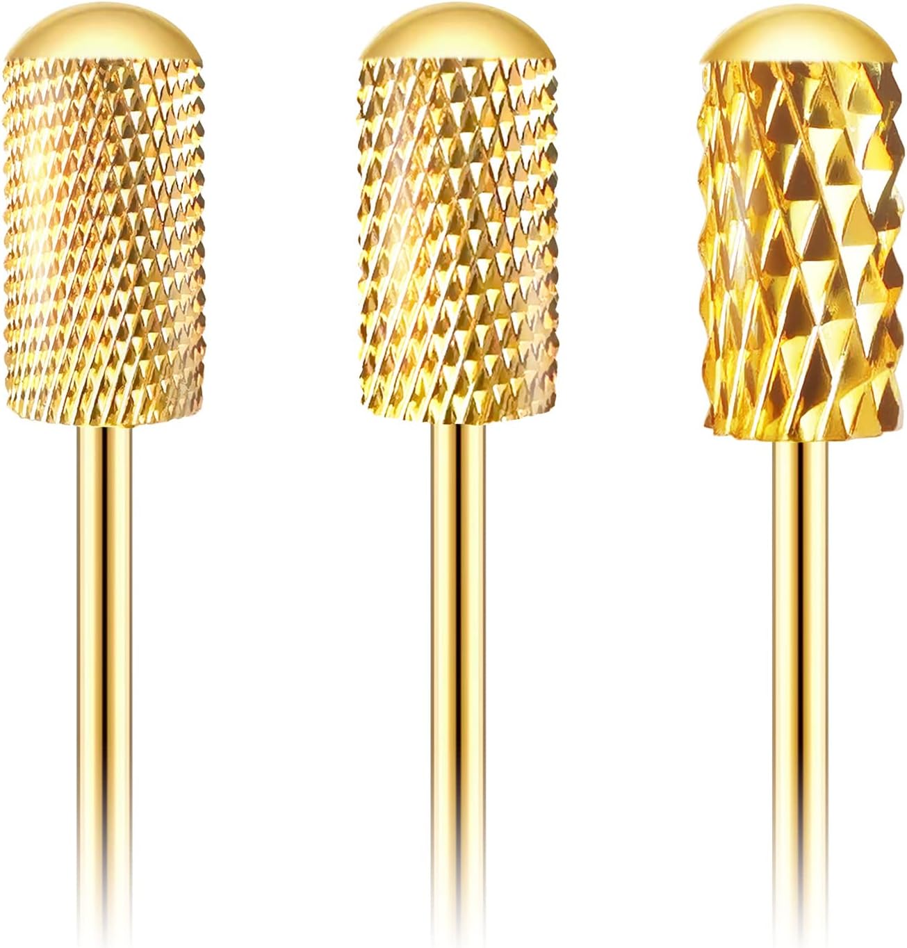 Corfulra Tungsten Carbide Safety Nail Drill Bit Set front view showing three gold colored barrel bits