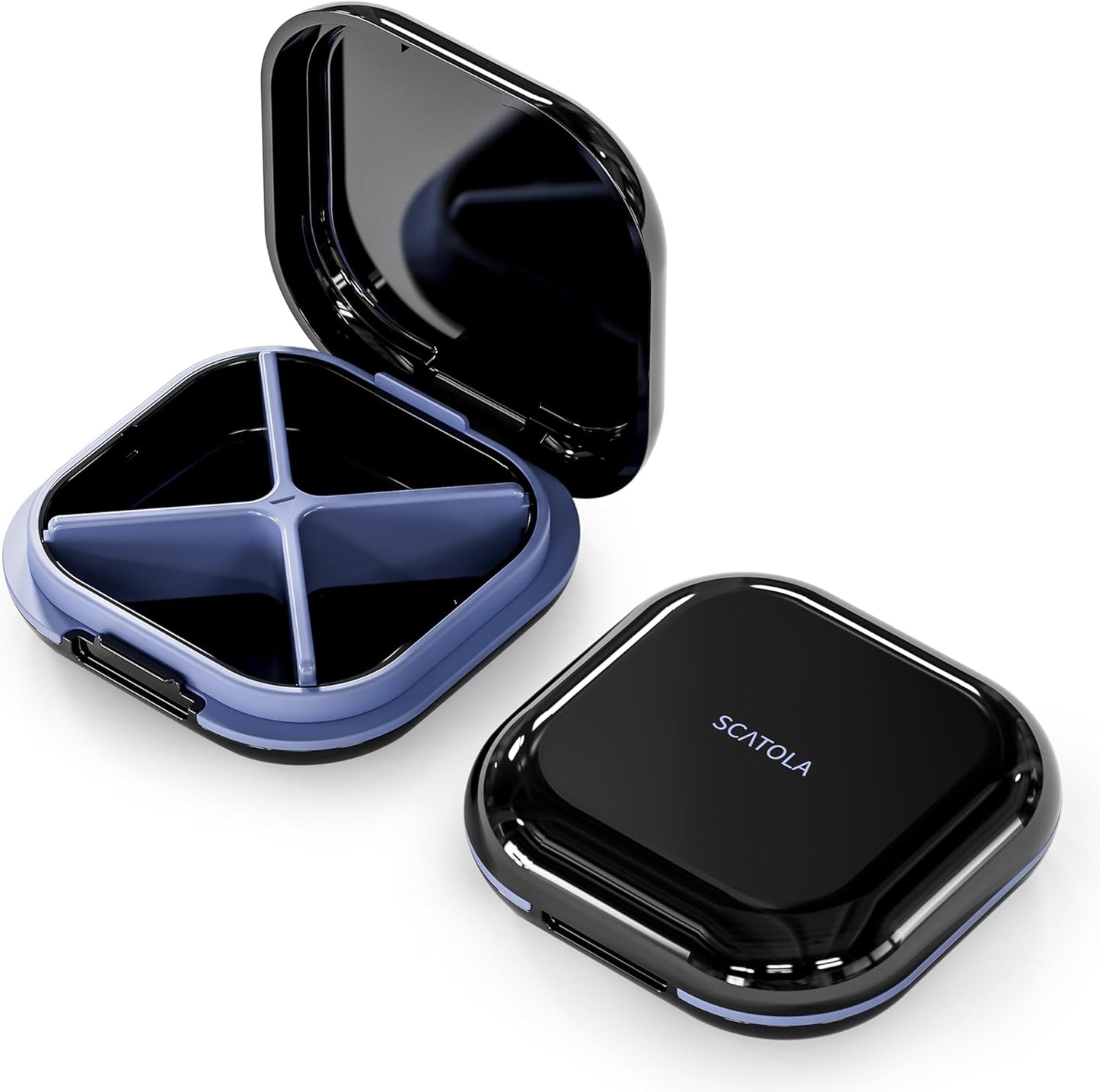Onterate travel pill case front view showing compact black design