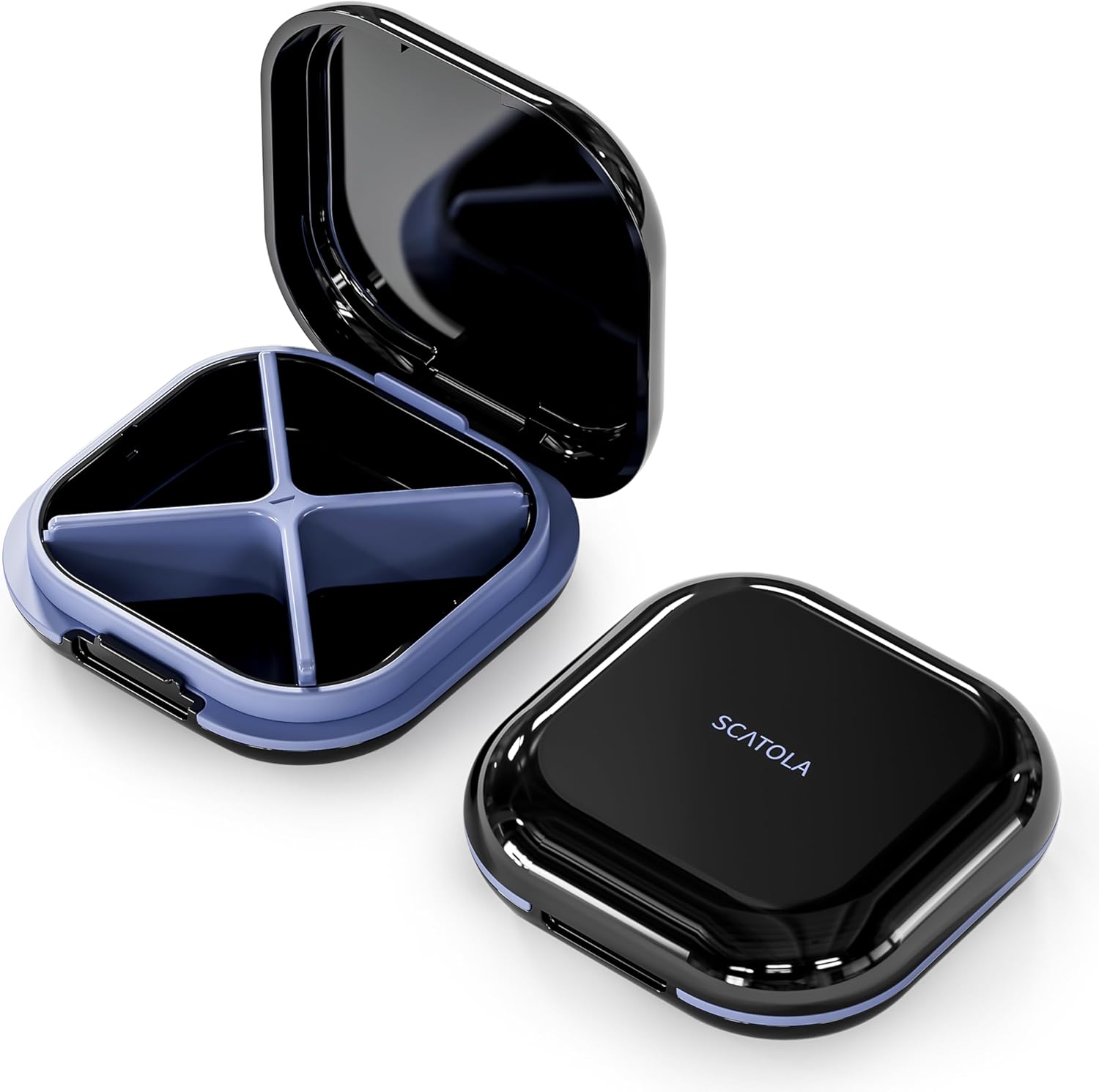 Onterate travel pill case front view showing compact black design