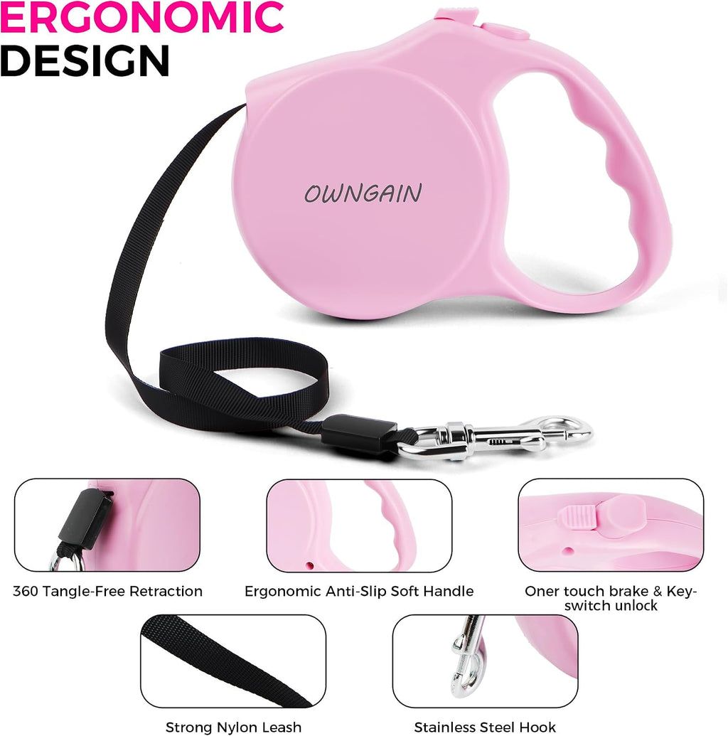 Anti slip handle design on the Owngain pink retractable dog leash.