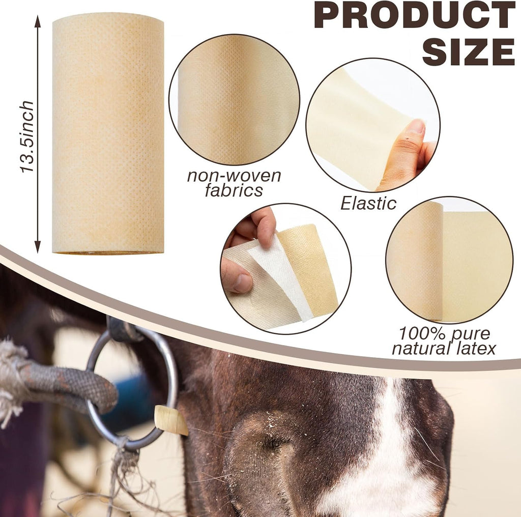 Self adhering natural latex equestrian bandage tape roll being applied to a metal horse bit.