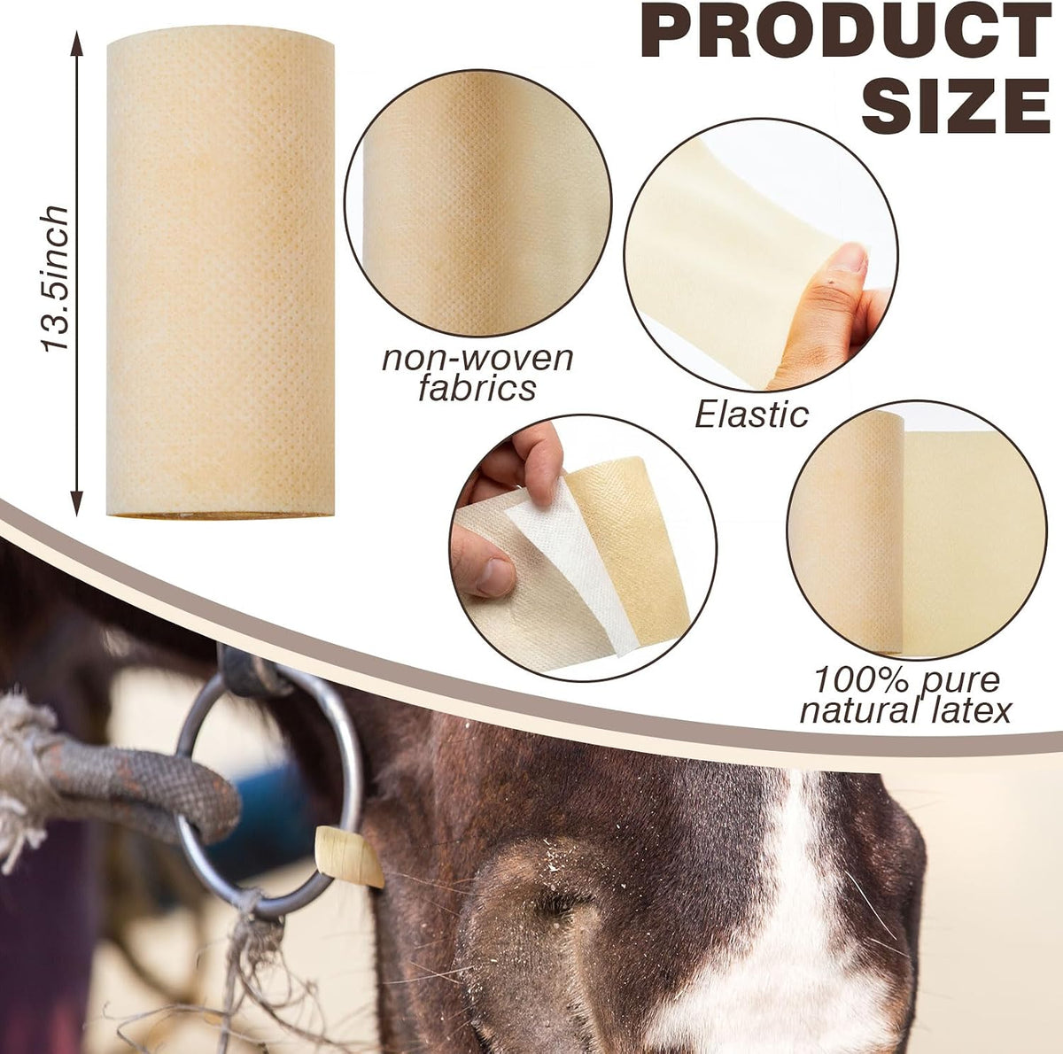 Self adhering natural latex equestrian bandage tape roll being applied to a metal horse bit.