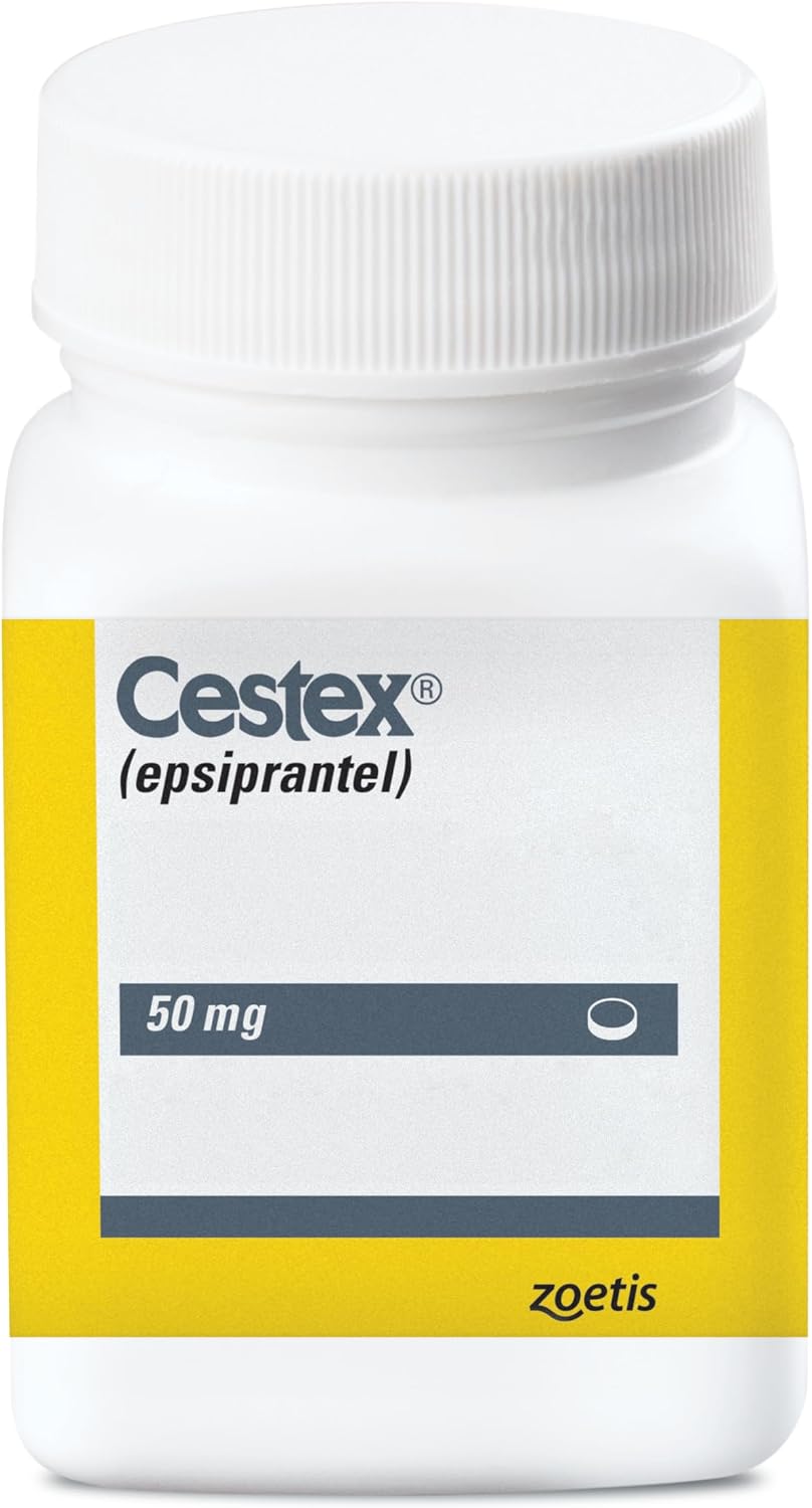 Side profile of Cestex 100mg epsiprantel tablet bottle