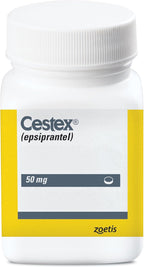Side profile of Cestex 100mg epsiprantel tablet bottle