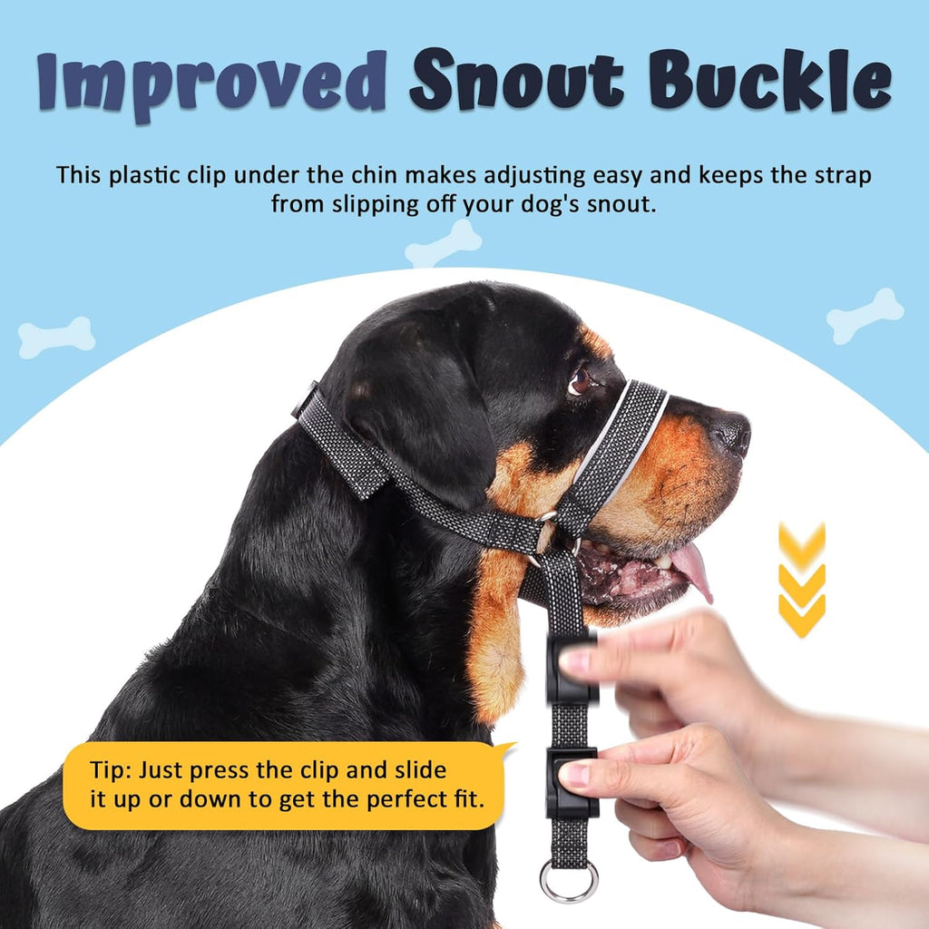 Black dog training muzzle leash with safety link connector