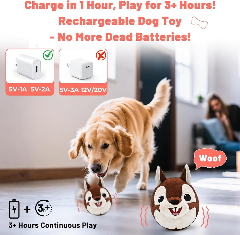 Dog playing with VYsTN vibrating squirrel toy indoors