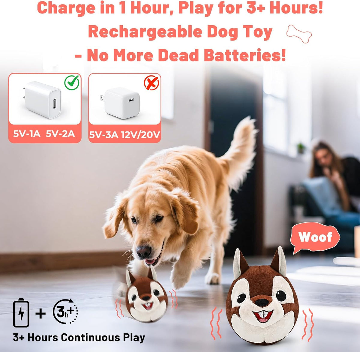 Dog playing with VYsTN vibrating squirrel toy indoors