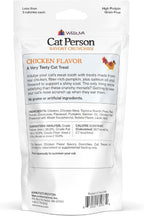 Cat Person grain free crunchy cat treats bag showing product details and nutritional facts