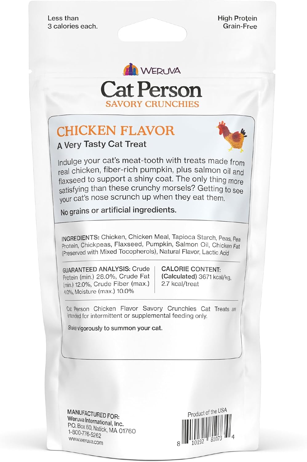 Cat Person grain free crunchy cat treats bag showing product details and nutritional facts