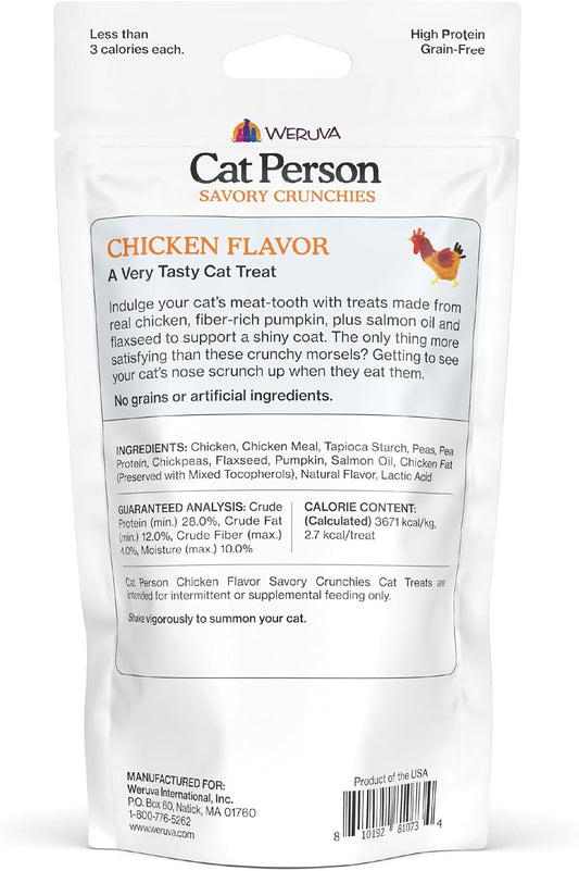 Cat Person grain free crunchy cat treats bag showing product details and nutritional facts