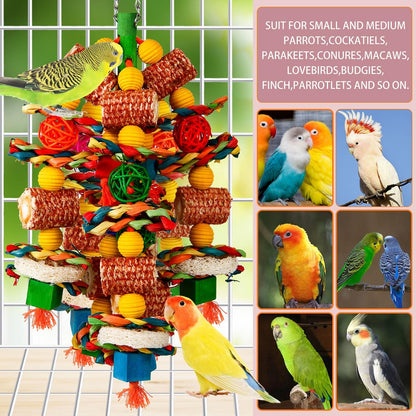Large hanging bird enrichment toy showing the secure metal quick-link connection hook.
