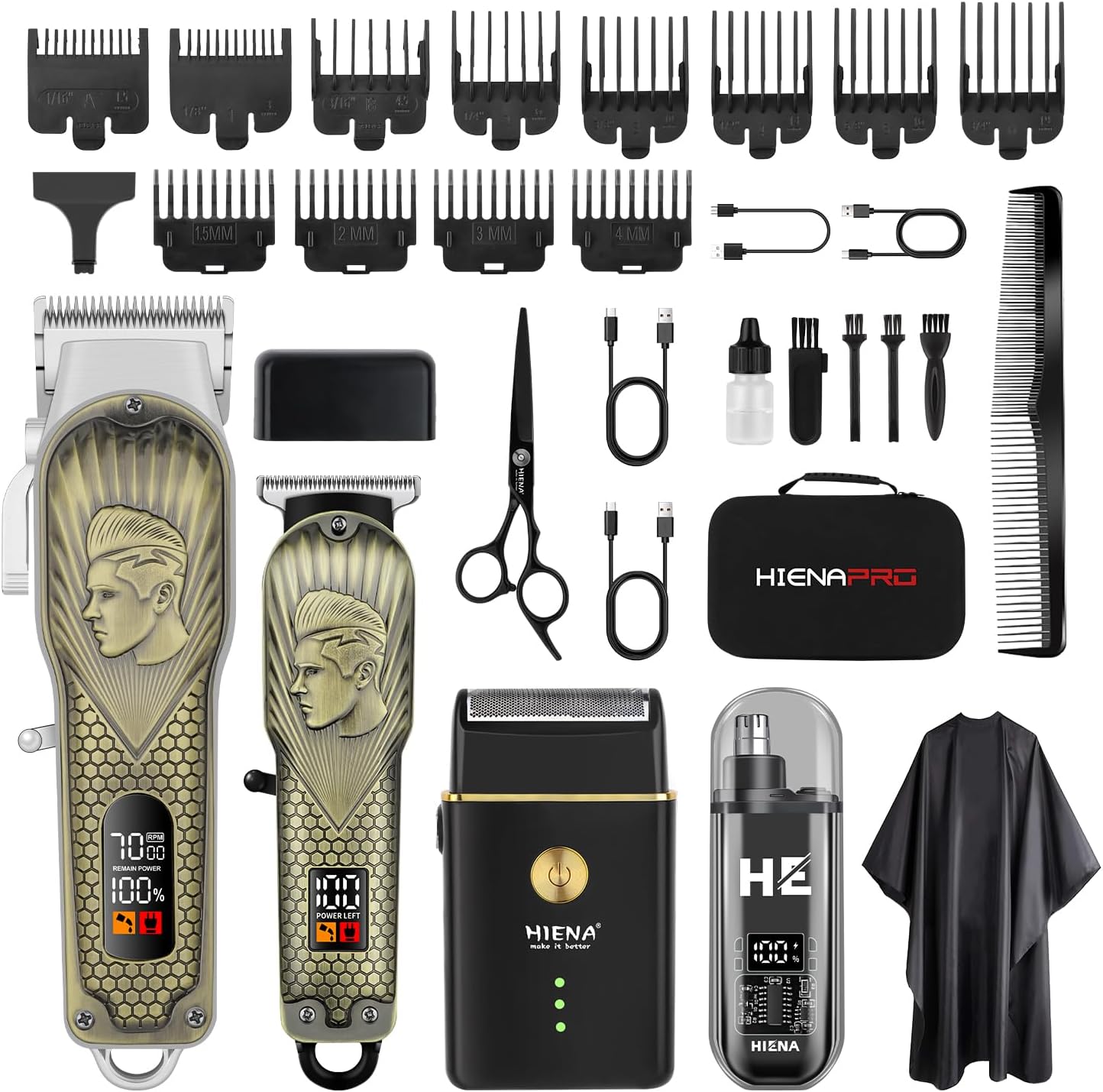 HIENA PRO Professional Hair Clippers For Men front view showing gold embossed handle and LED display screen