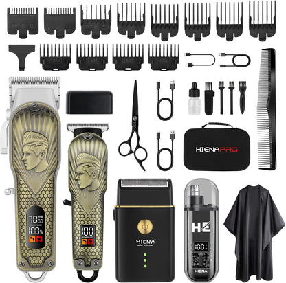 HIENA PRO Professional Hair Clippers For Men front view showing gold embossed handle and LED display screen
