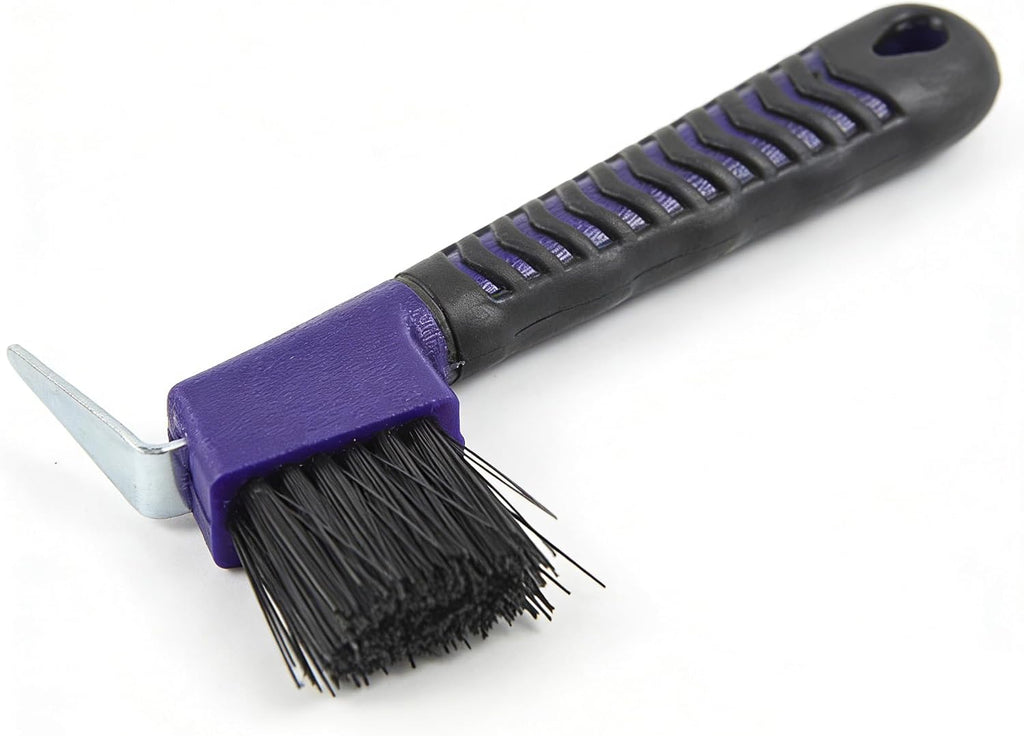 Youven horse hoof pick with brush front view purple grooming tool