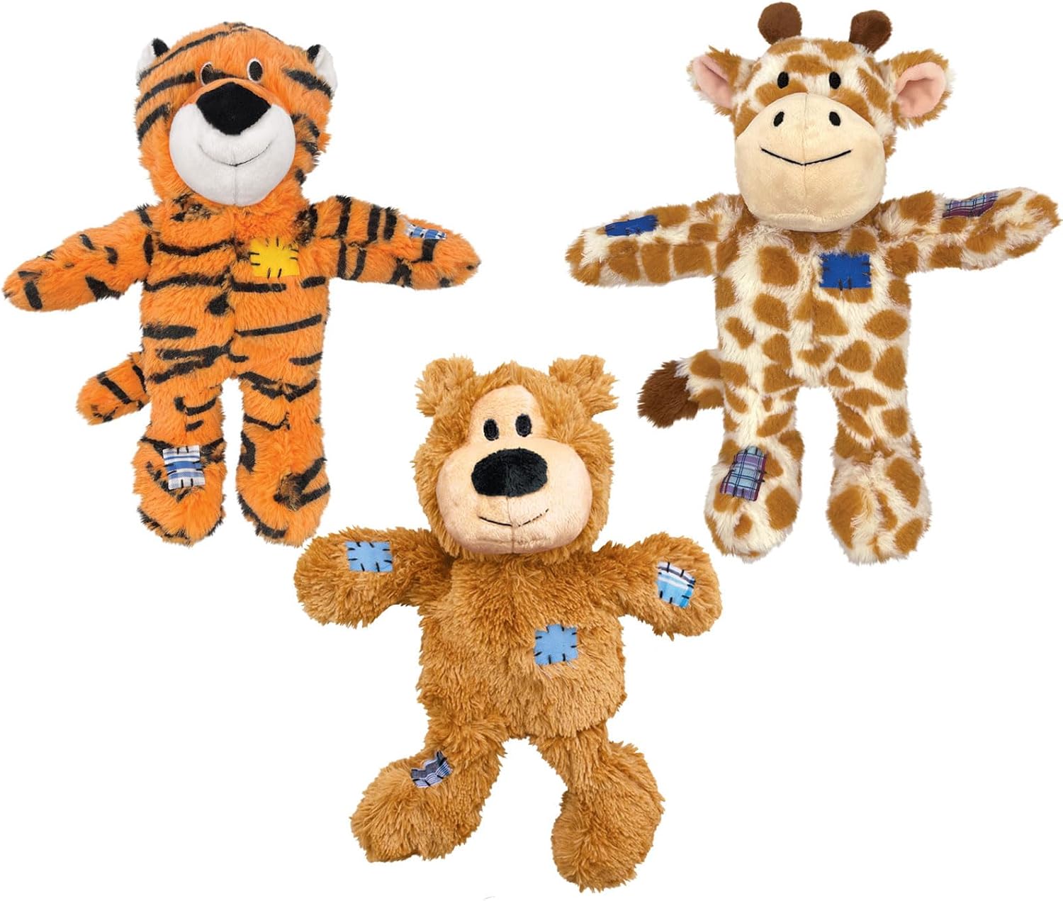 Small medium sized dog playing with a durable Kong Wild Knots plush toy