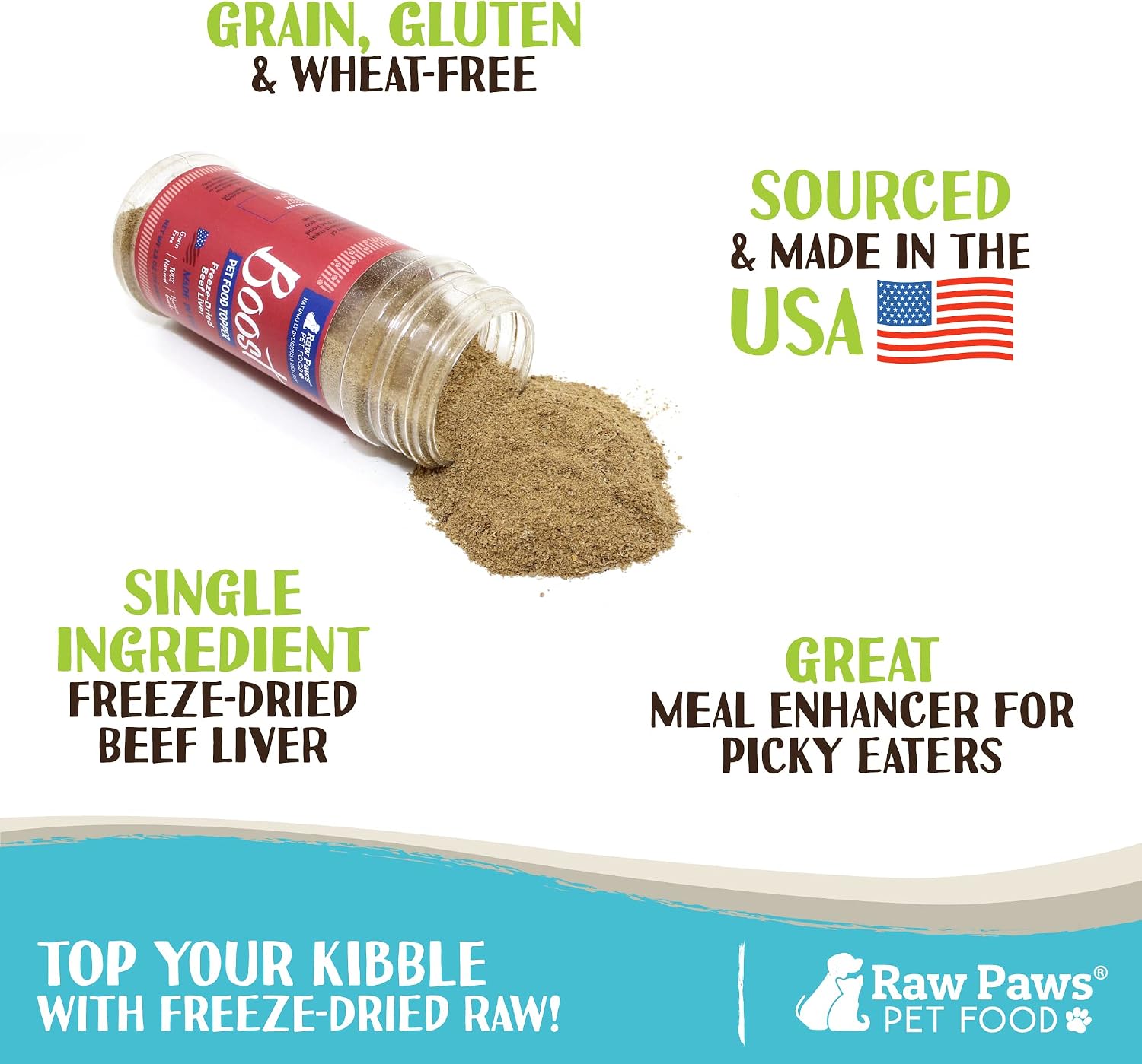 Single ingredient beef liver sprinkles packaging showing grain free and gluten free labels.