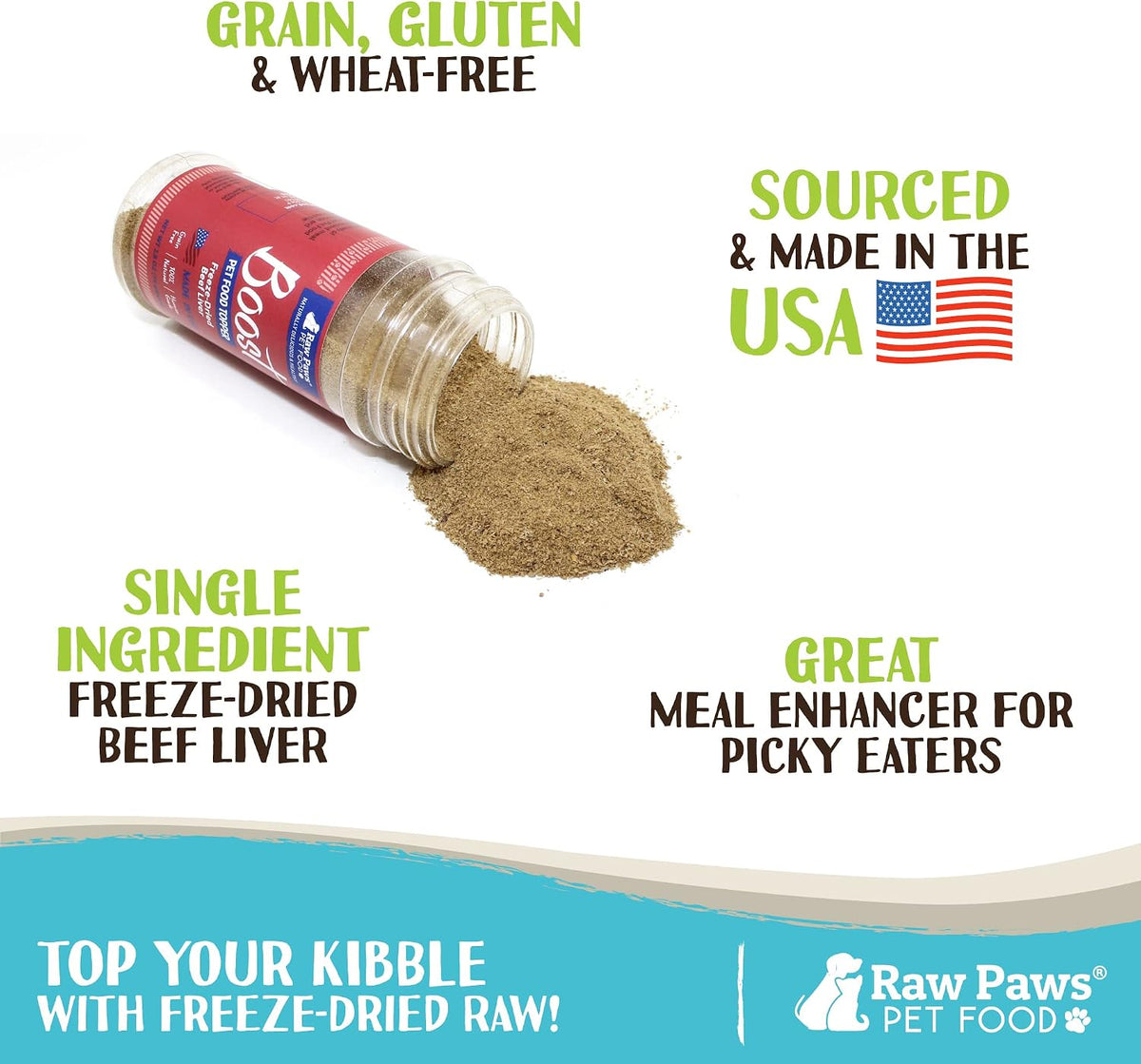 Single ingredient beef liver sprinkles packaging showing grain free and gluten free labels.