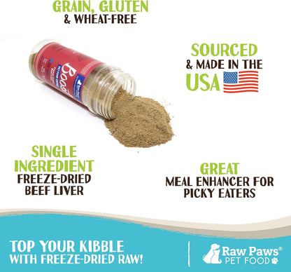 Single ingredient beef liver sprinkles packaging showing grain free and gluten free labels.