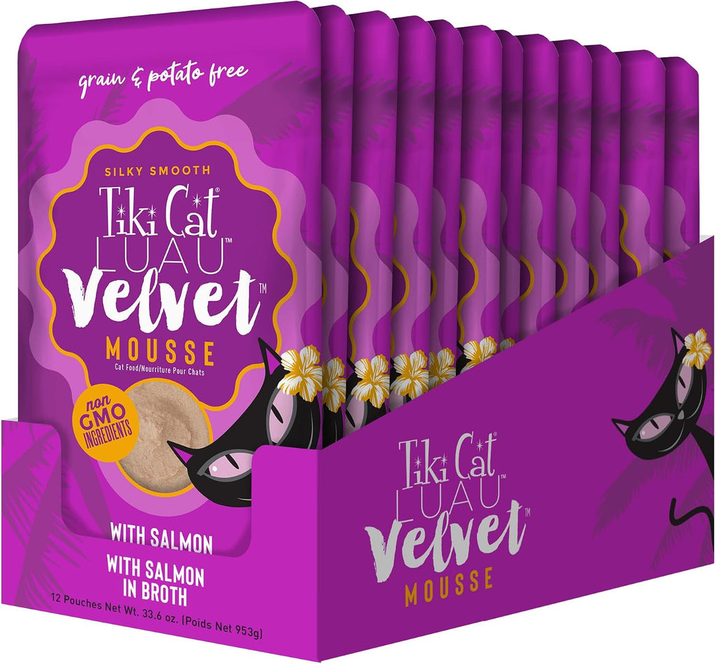 Tiki Pets Tiki Cat Luau Velvet Mousse Salmon 12 pack box display