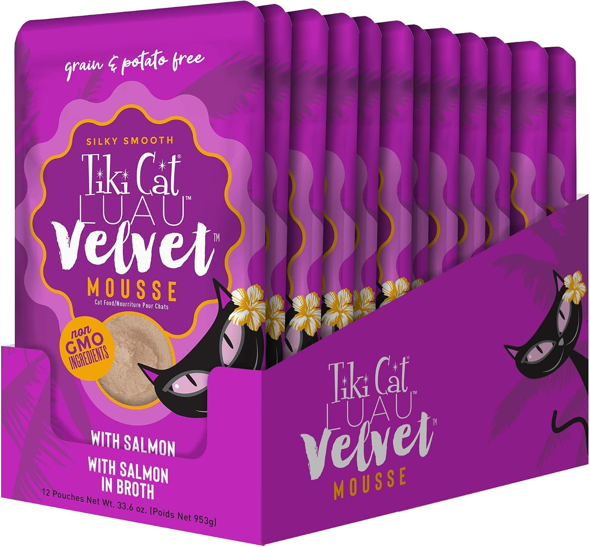 Tiki Pets Tiki Cat Luau Velvet Mousse Salmon 12 pack box display