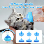 Xuanda blue pet nursing kit with replacement nipples and syringes arranged neatly.