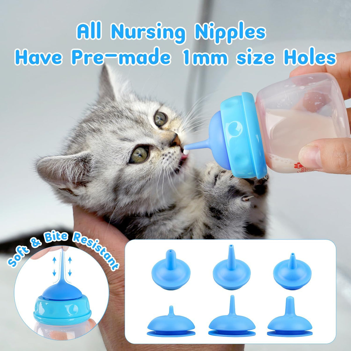 Xuanda blue pet nursing kit with replacement nipples and syringes arranged neatly.