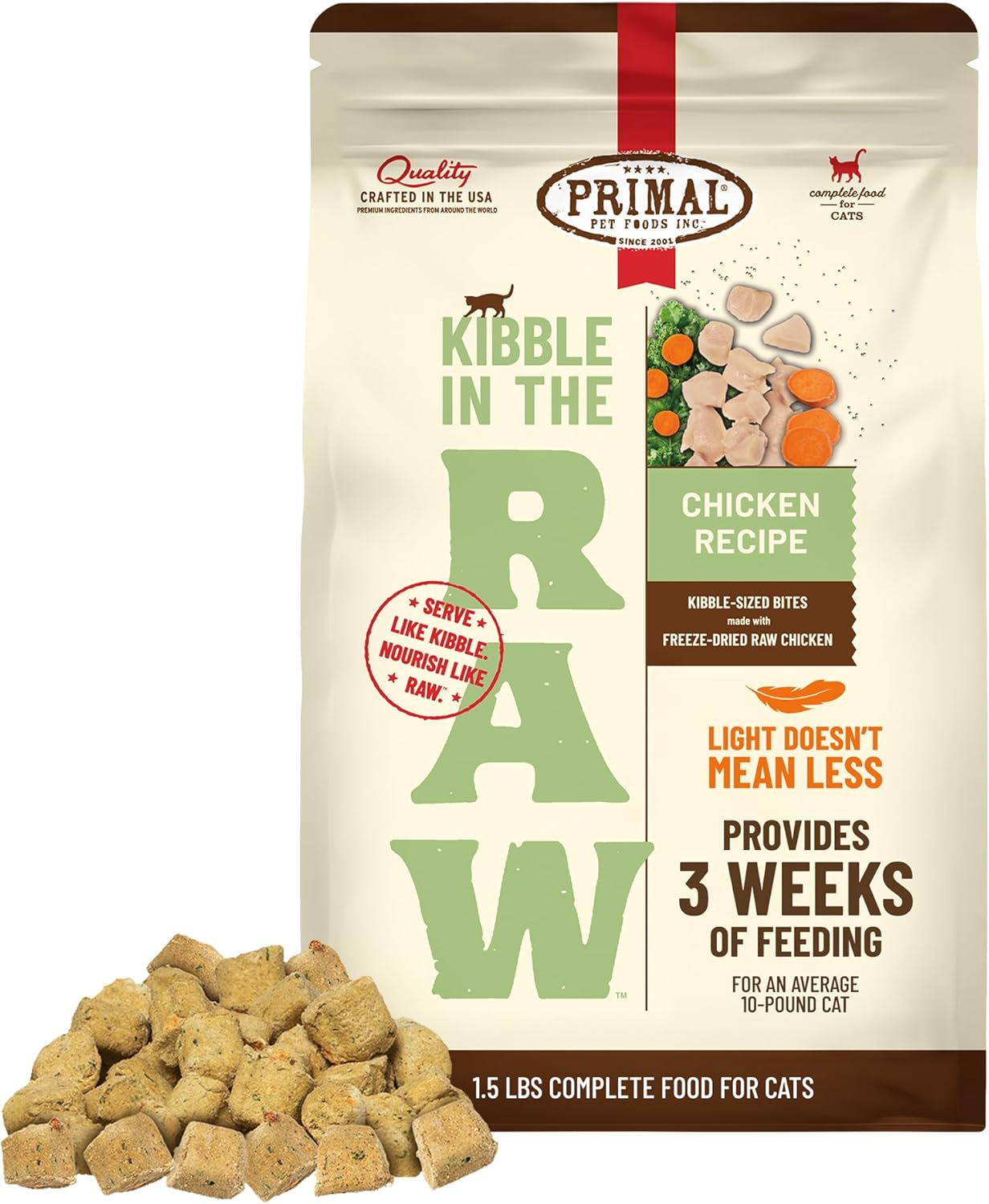 Primal Kibble in the Raw chicken and fish recipe feeding guidelines chart
