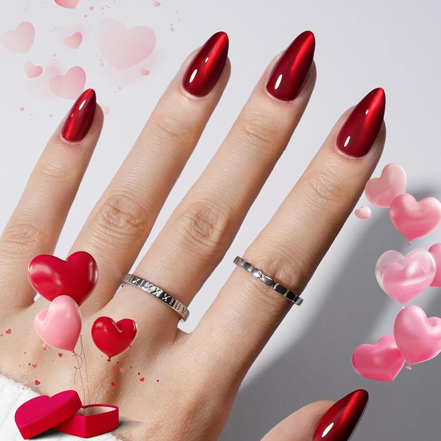 Modelones Red Cat Eye Press On Nails short almond kit front view