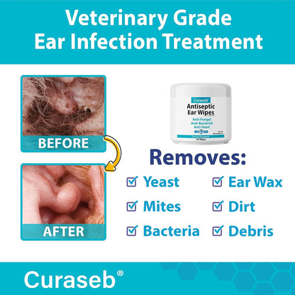 Curaseb pet ear wipes container showing active ingredient label
