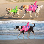 Small medium and large size options of the shark pet floating vest