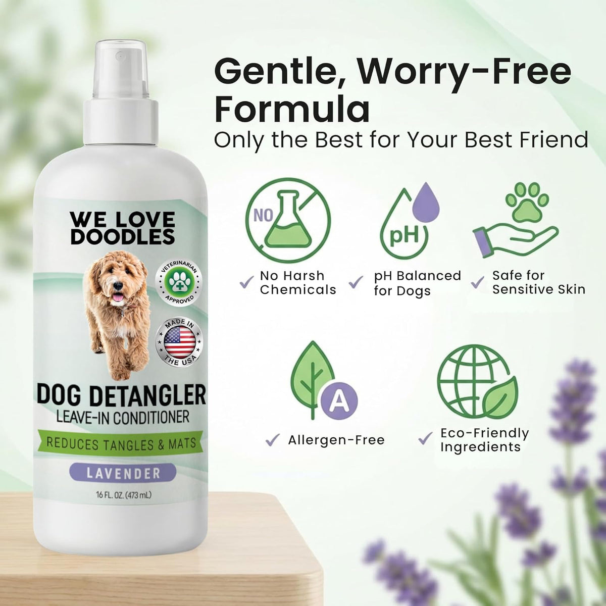 USA imported dog detangling leave in conditioning mist for long haired breeds.