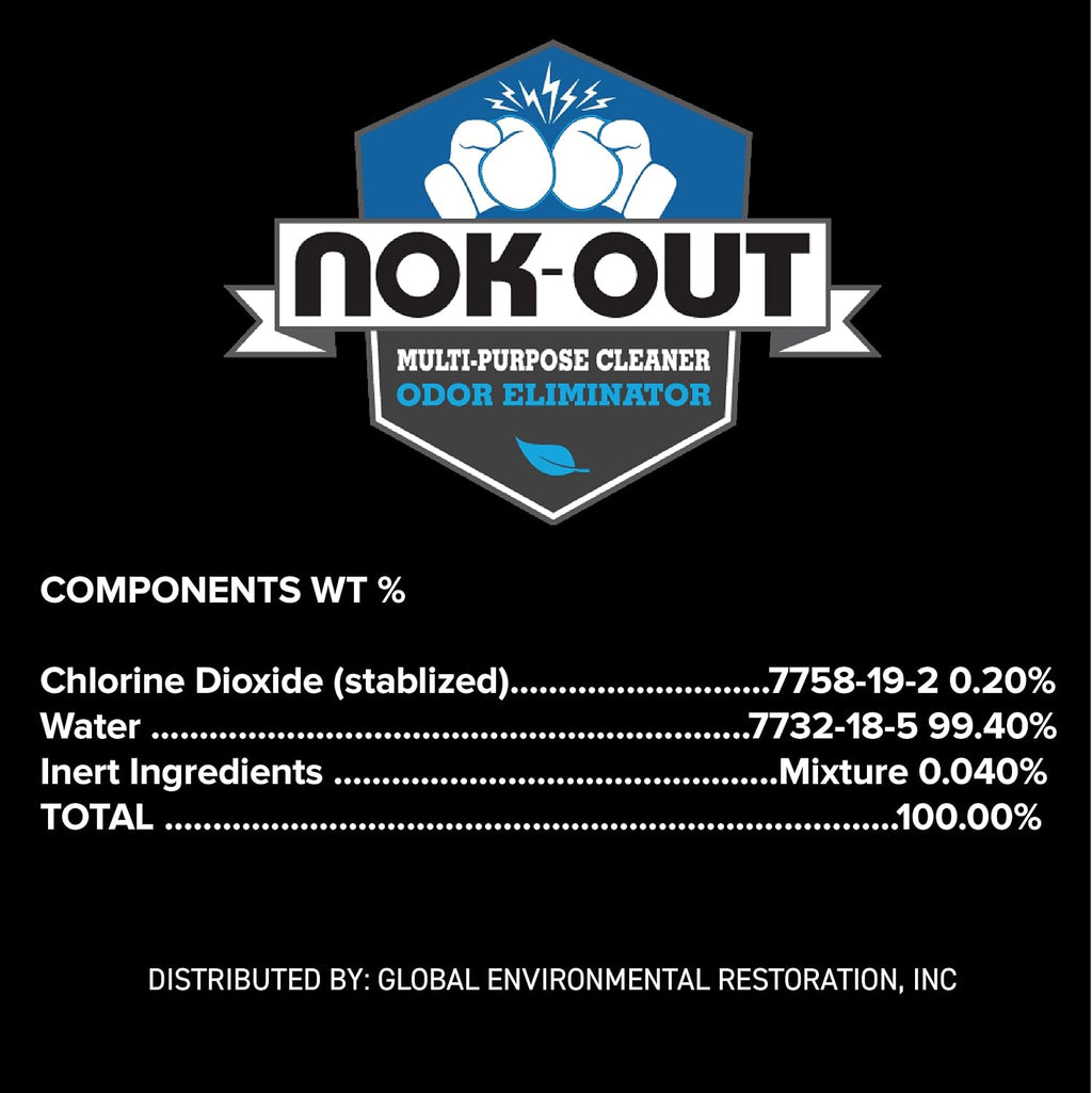 Nok-Out Multi Purpose Odor Eliminator back label showing stabilized chlorine dioxide ingredients