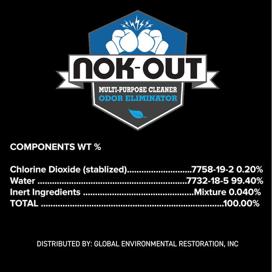 Nok-Out Multi Purpose Odor Eliminator back label showing stabilized chlorine dioxide ingredients