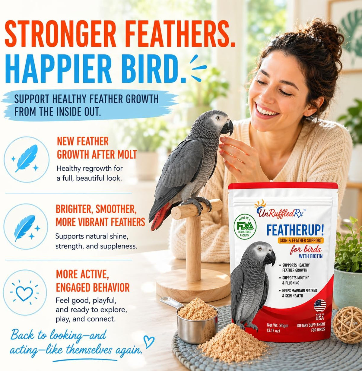 Scoop of UnRuffledRx feather growth powder for parrots
