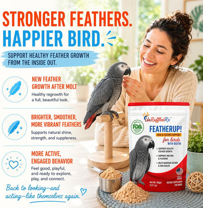 UnRuffledRx parrot vitamins for feathers showing nutritional information label