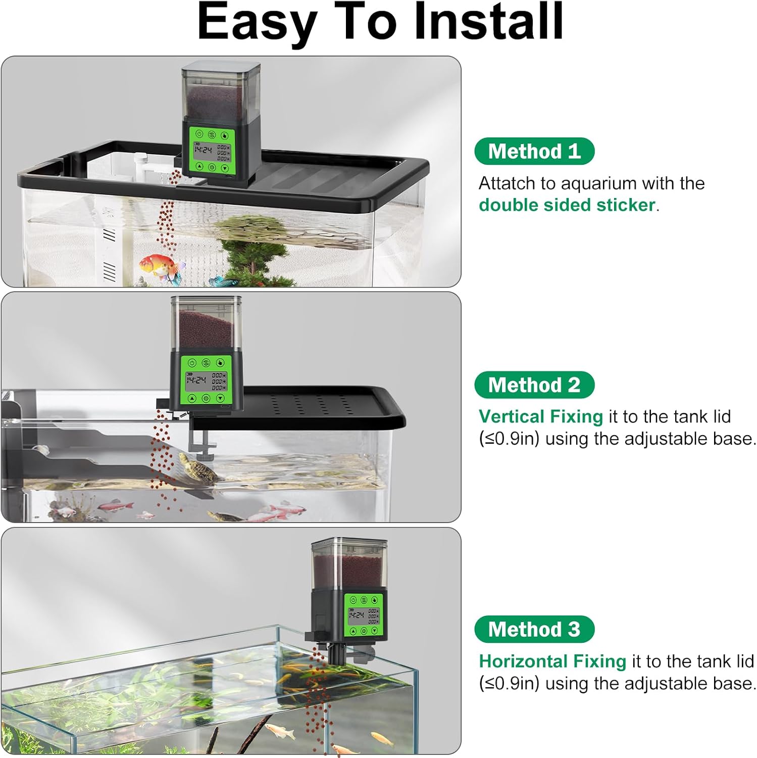 Lychee digital fish feeder demonstrating the top opening lid for easy food refilling.