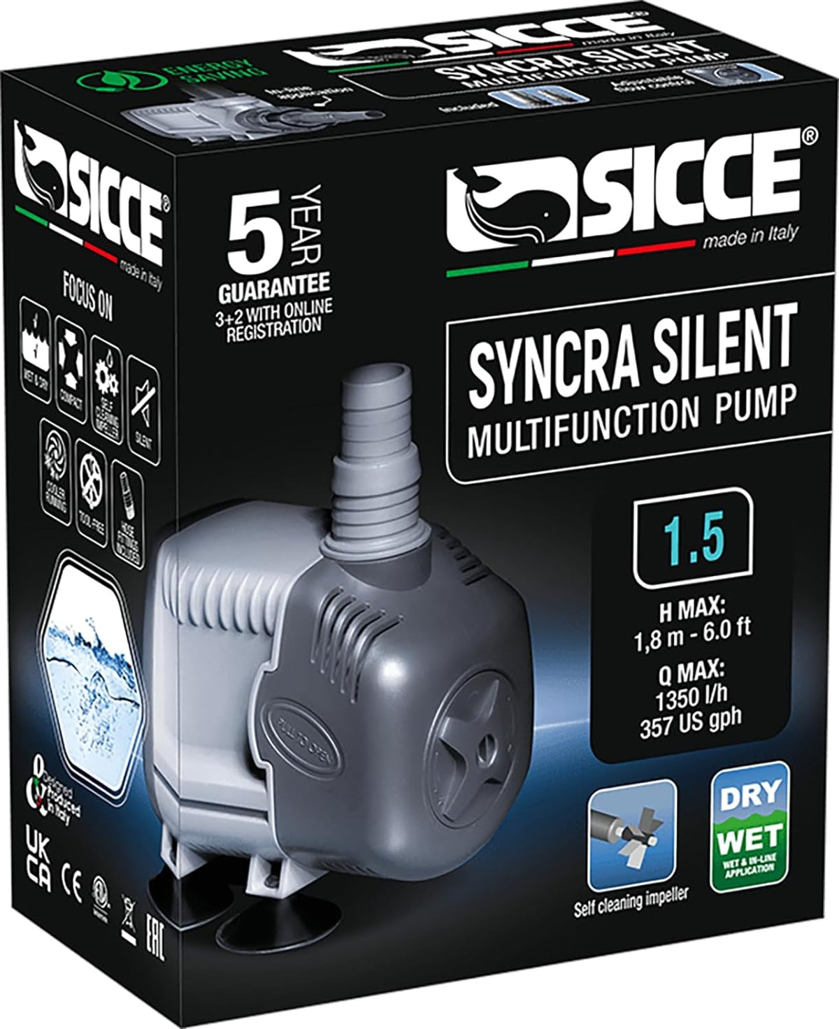 Sicce Syncra Silent 1.5 water pump front view showcasing compact body design.