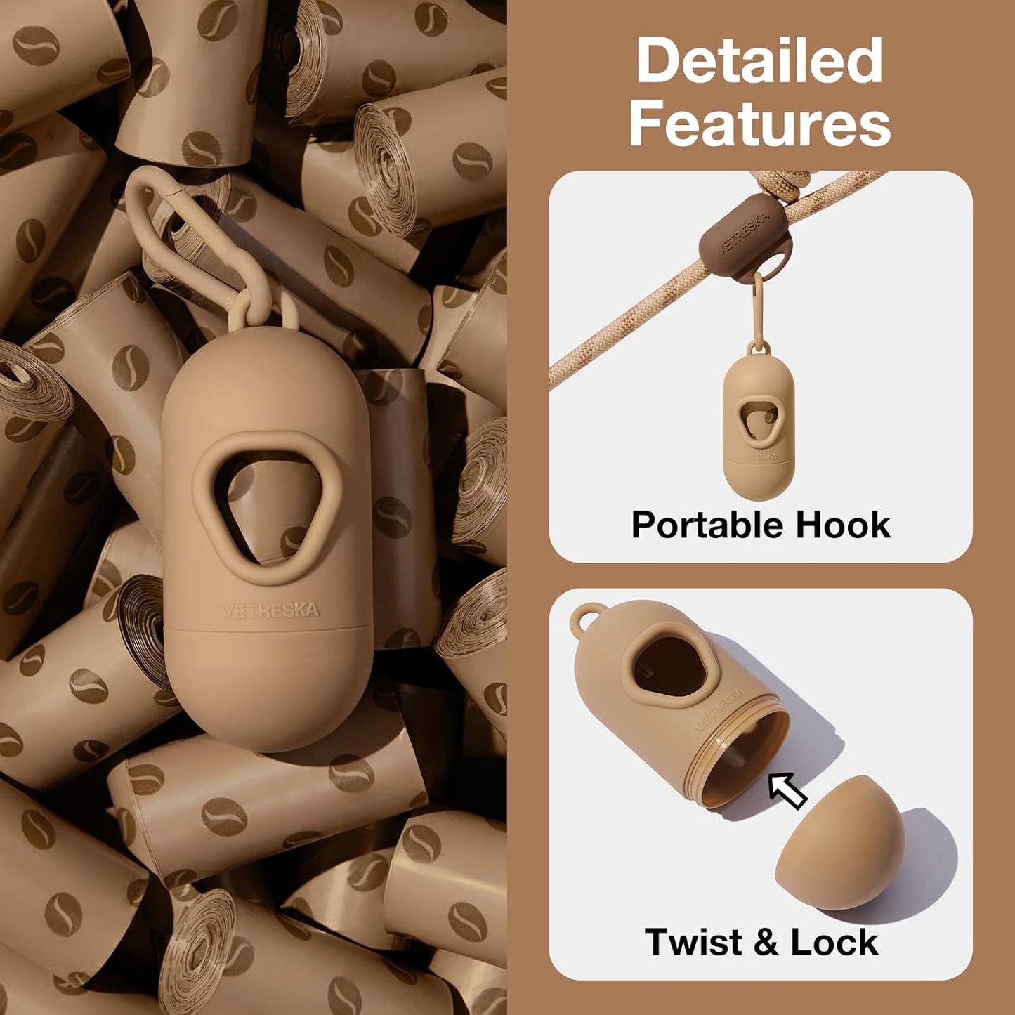 Brown coffee bean shaped pet waste bag holder attached to a dog leash.