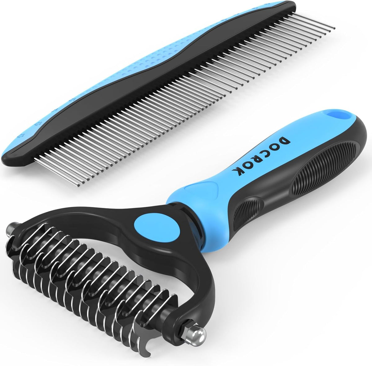 Docrok pet grooming combo front view showing the blue deshedding brush and stainless steel comb for dogs