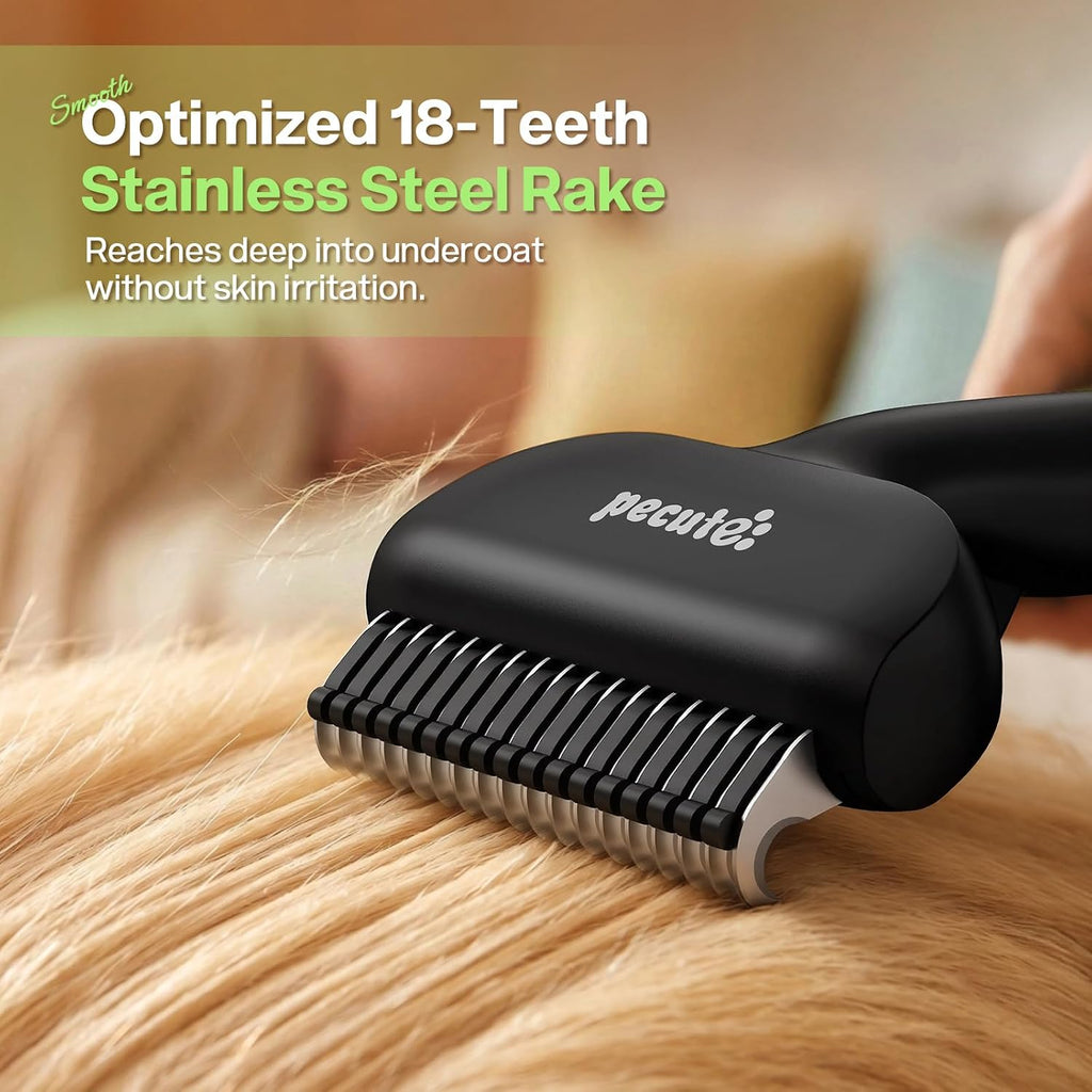 Pet owner using Pecute rake on long hair dog breed