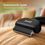 Pet owner using Pecute rake on long hair dog breed