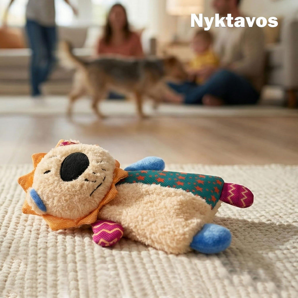 Nyktavos lion dog toy in a home setting
