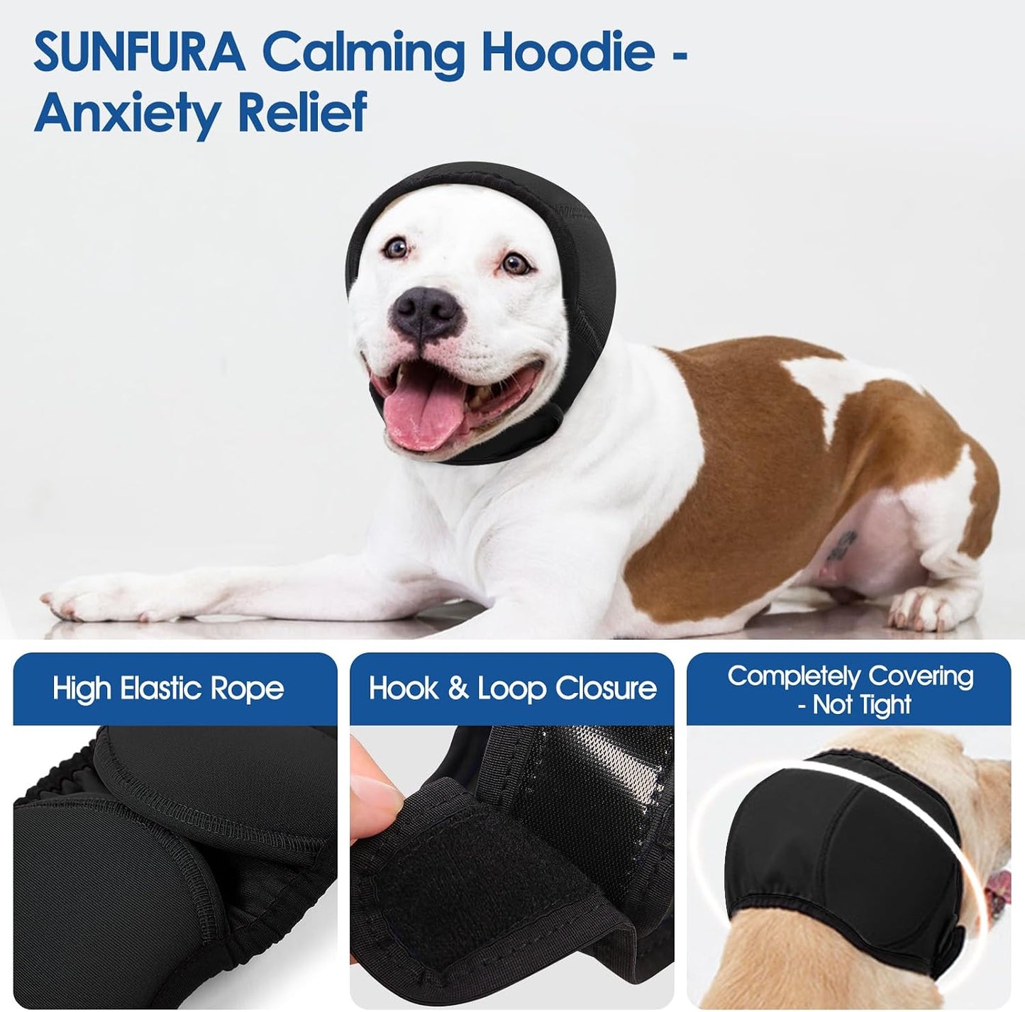 Soft elastic dog snood wrapping snugly around a pet head for firework noise reduction