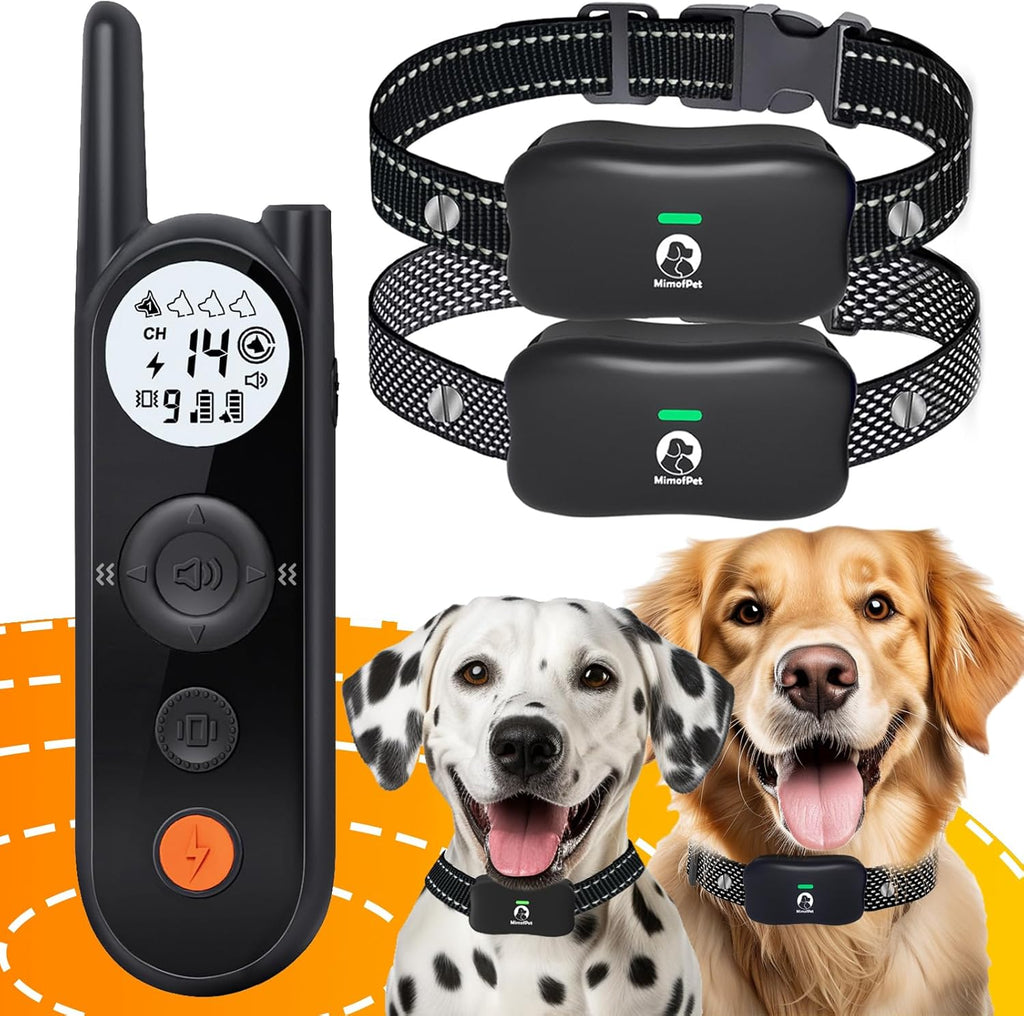 MimofPet wireless dog fence system transmitter and two receiver collars front view.
