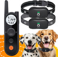 MimofPet wireless dog fence system transmitter and two receiver collars front view.