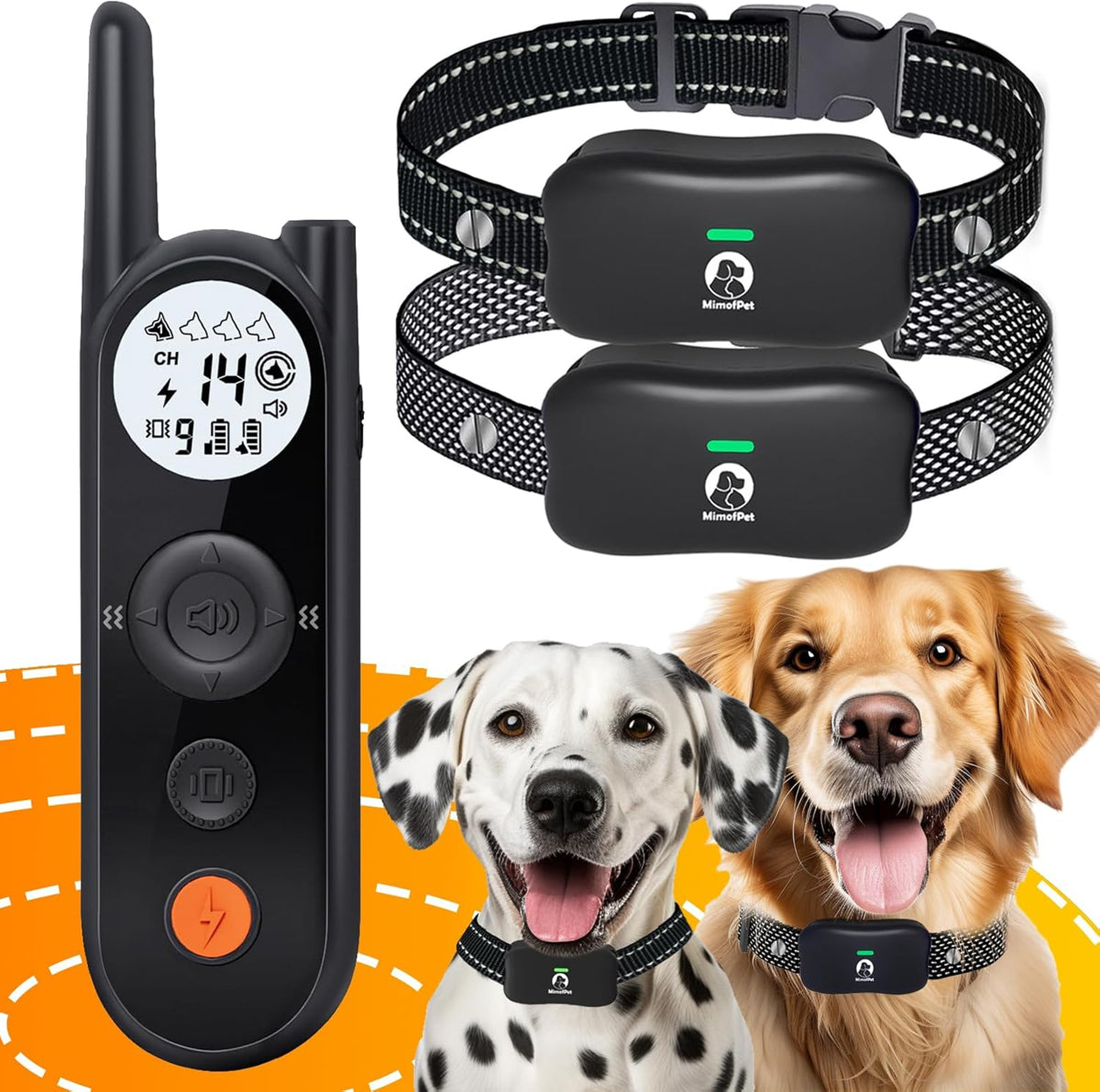 MimofPet wireless dog fence system transmitter and two receiver collars front view.