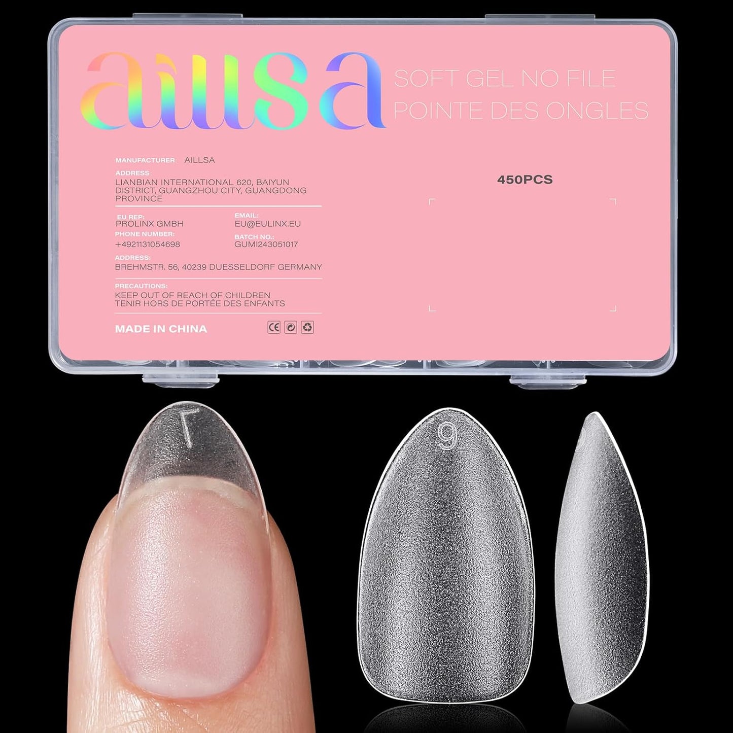AILLSA short almond gel nail tips 450pcs set in a clear organized size box